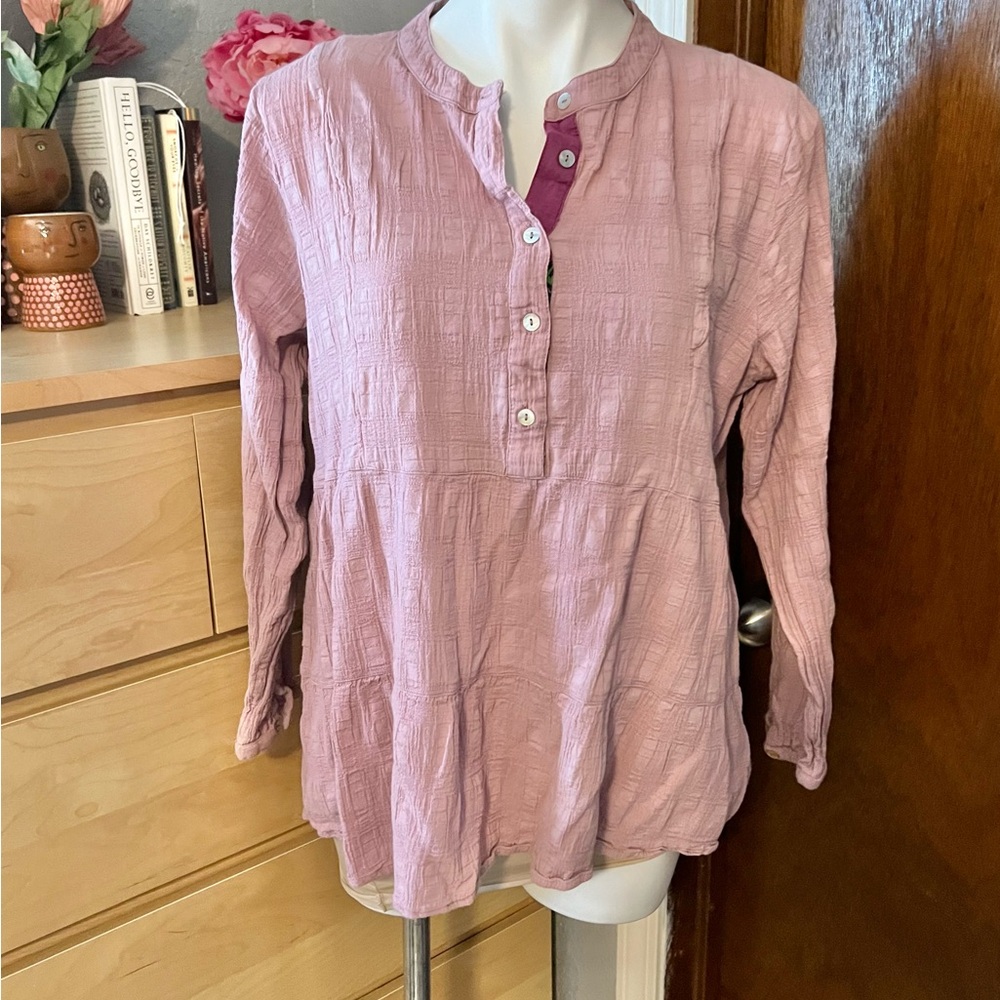 Soft Surroundings Babydoll Tier Button Crinkle Wrinkly Long Sleeve Blouse